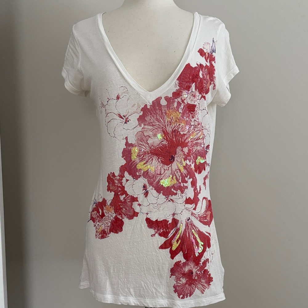 Express pink Floral Print V-Neck Tee with sequins